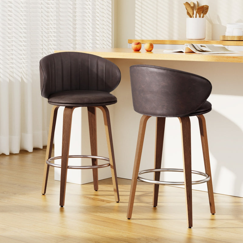2 x Leather & Wood Bar Stools – Contoured Dining Style A
