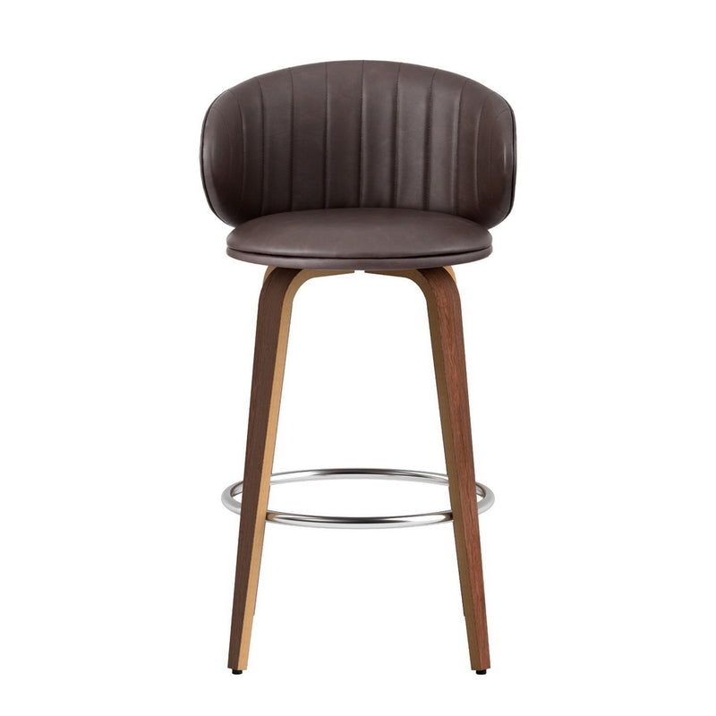 4 x Leather & Wood Bar Stools – Contoured Dining Style A
