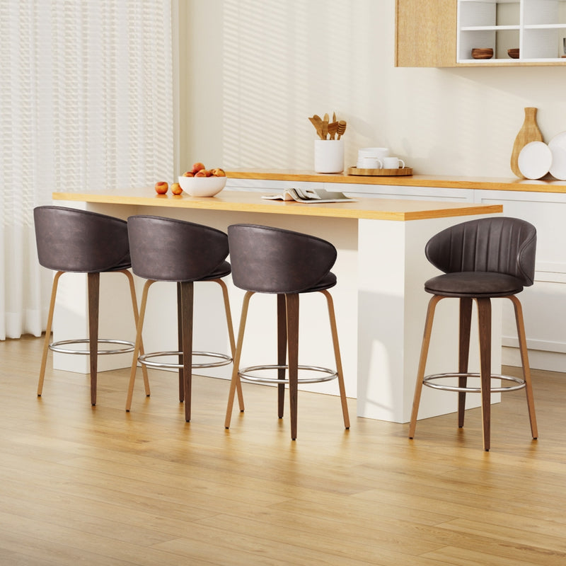 4 x Leather & Wood Bar Stools – Contoured Dining Style A