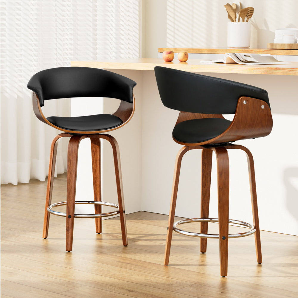 Linden 2x Bar Stools Swivel PU Seat Wooden