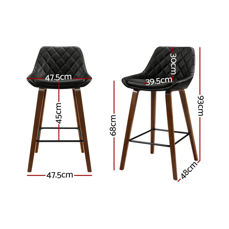 Set of 2 - Leather Diamond Pleat Bar Stools - Black