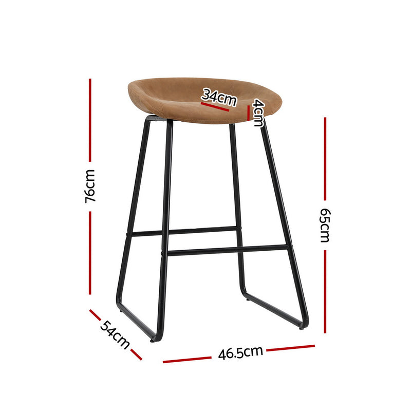 2 x Leather Metal Bar Stools – Kitchen Counter, Brown Finish