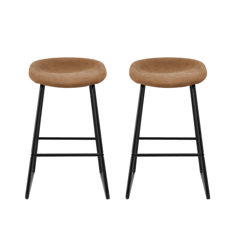 2 x Leather Metal Bar Stools – Kitchen Counter, Brown Finish