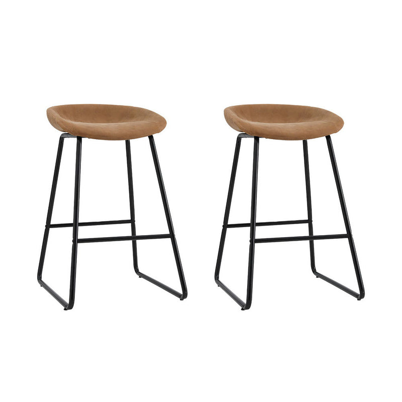2 x Leather Metal Bar Stools – Kitchen Counter, Brown Finish