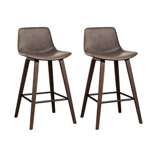 Artiss Set of 2 PU Leather Bar Stools Square Footrest - Wood and Brown