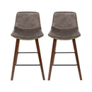 Set of 2 - Leather Square Footrest Bar Stools - Wood and Brown