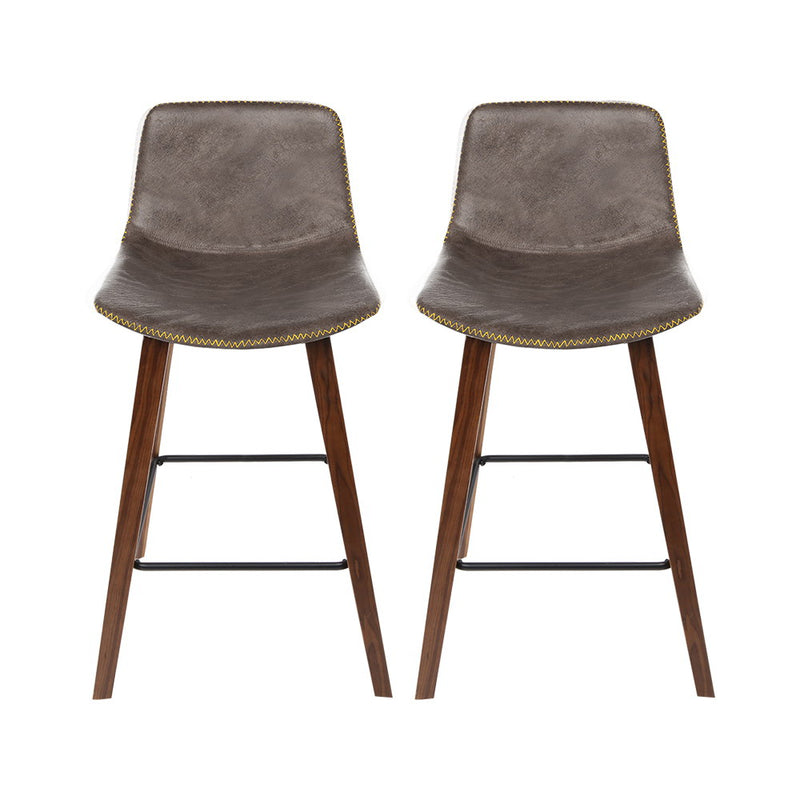 Set of 2 - Leather Square Footrest Bar Stools - Wood and Brown