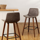 Set of 2 - Leather Square Footrest Bar Stools - Wood and Brown