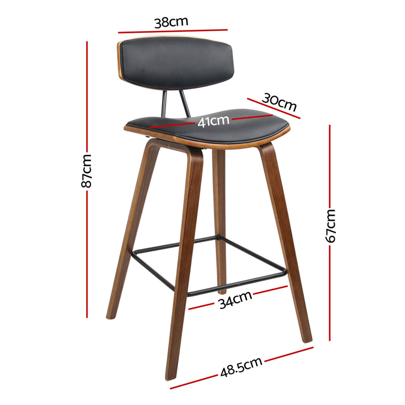 Set of 2 - Leather Circular Footrest Bar Stools - Black