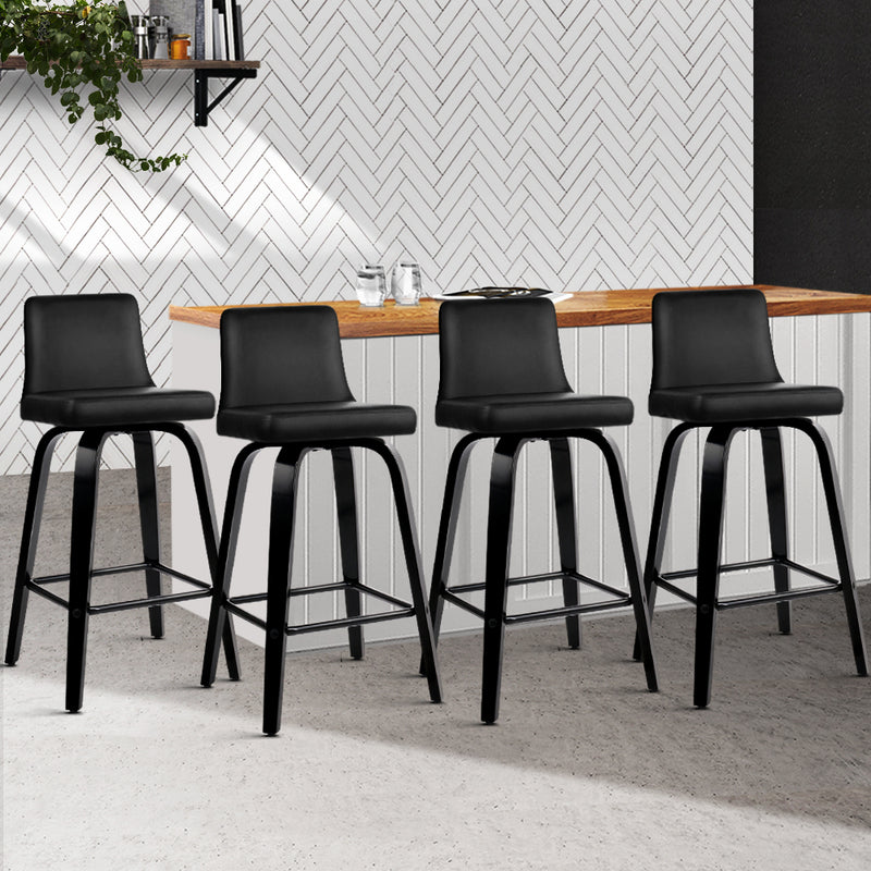 Set of 4 - Wooden Leather Bar Stool - Black