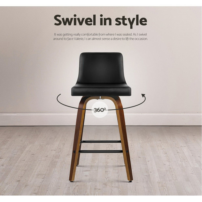 Set of 2 - Leather Padded Wooden Bar Stools - Espresso