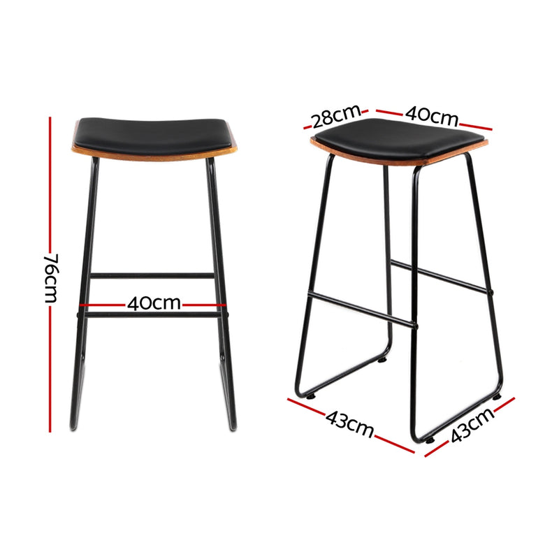 Set of 2 - Leather Backless Bar Stools - Black and Wood