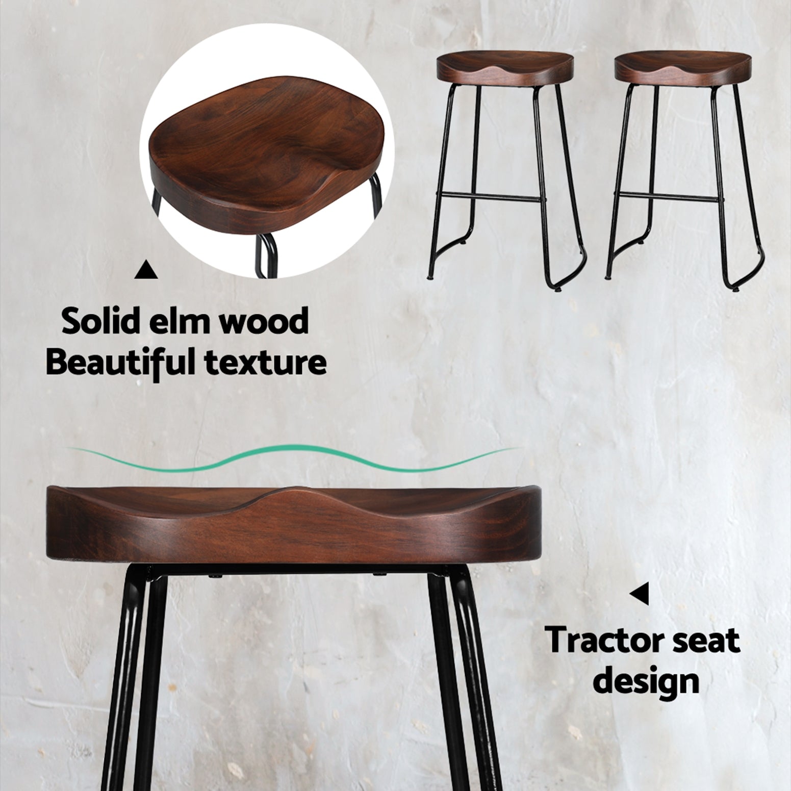 Hudson Elm Wood Backless Bar Stools – Brown – 65 cm Dark – Set of 4