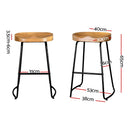 Set of 2 - Elm Wood Backless Bar Stools 65cm - Black and Light Natural