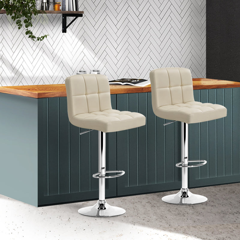 Set of 2 - Leather Patterned Bar Stools - Beige