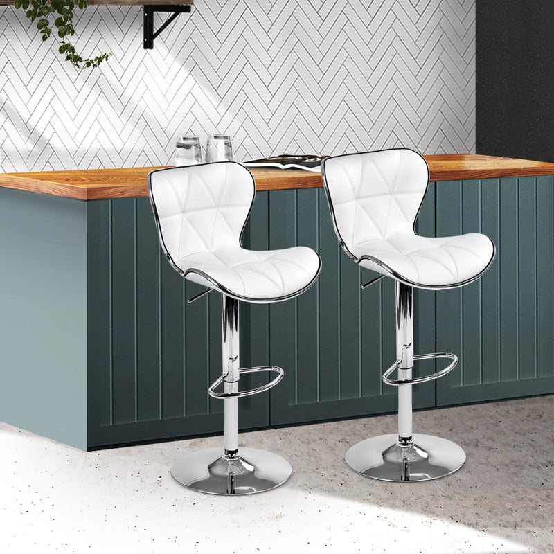 Set of 2 - Leather Patterned Bar Stools - White and Chrome