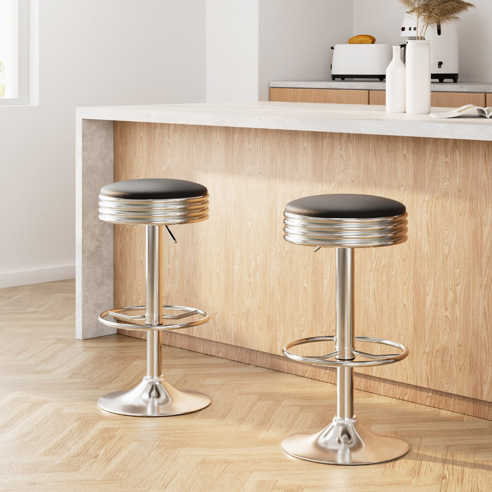 Linden Set of 2 Backless PU Leather Bar Stools - Black and Chrome