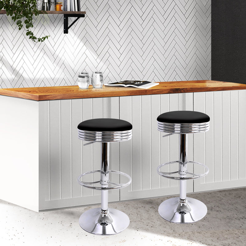 Set of 4 - Leather Backless Bar Stools - Black and Chrome