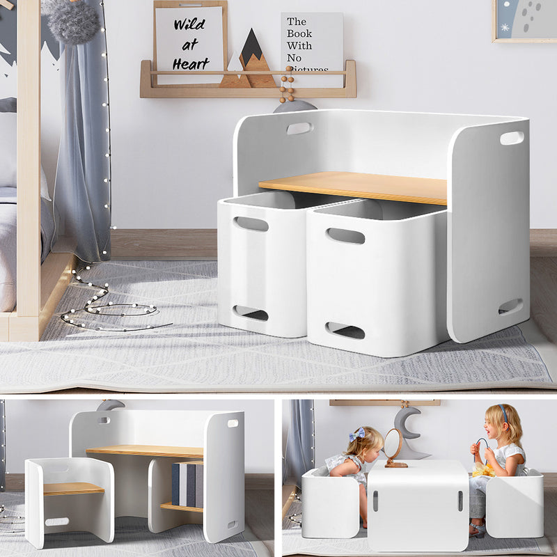 3 PCS Kids Table and Chairs Set - Storage Desk - White