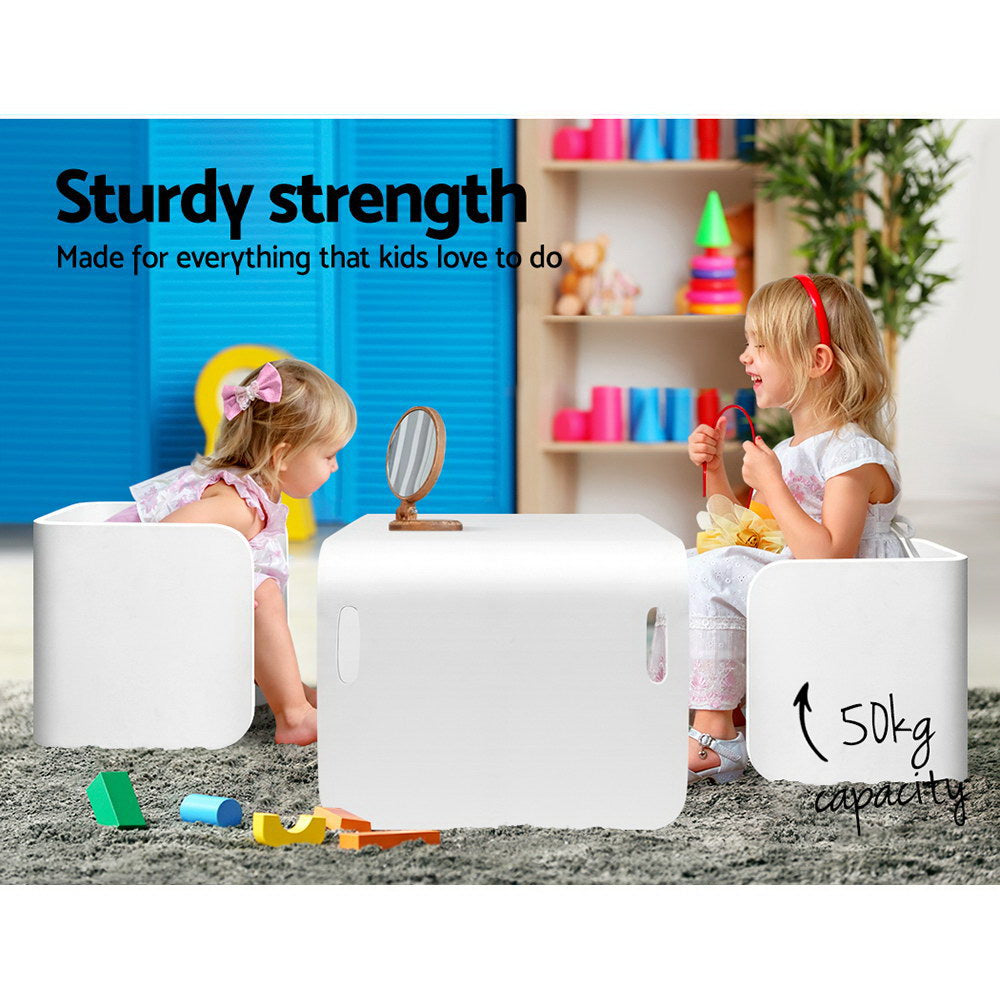 Marlo Kids Table and Chairs Set – White – Storage Desk – 3 Piece