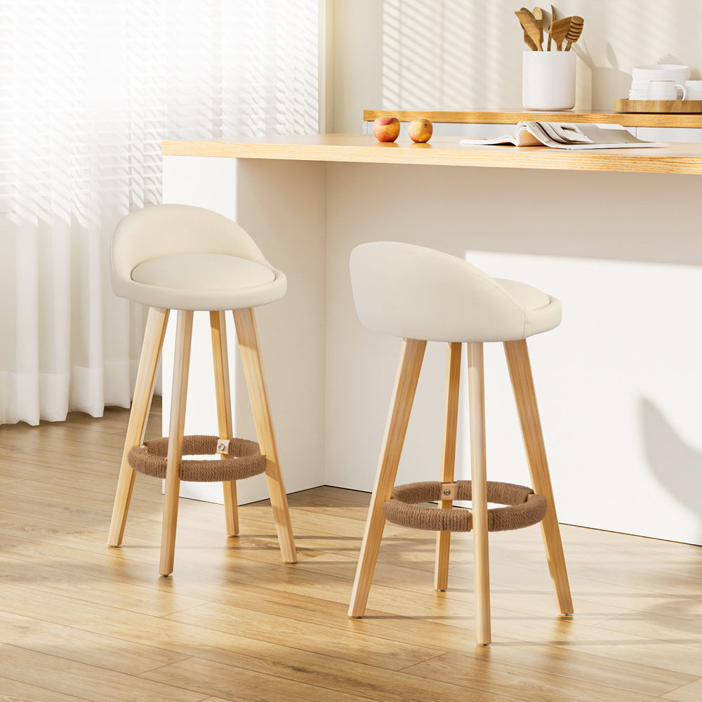 Linden 2x Bar Stools Padded Leather Wooden Beige