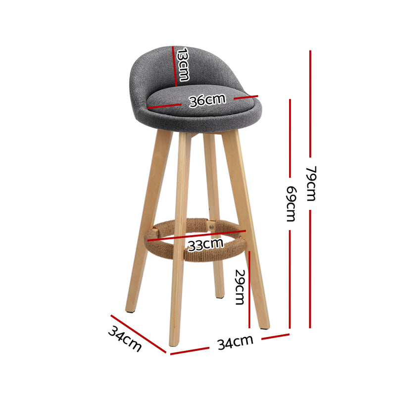4 x Linen Padded Bar Stools – Wooden Frame, Grey