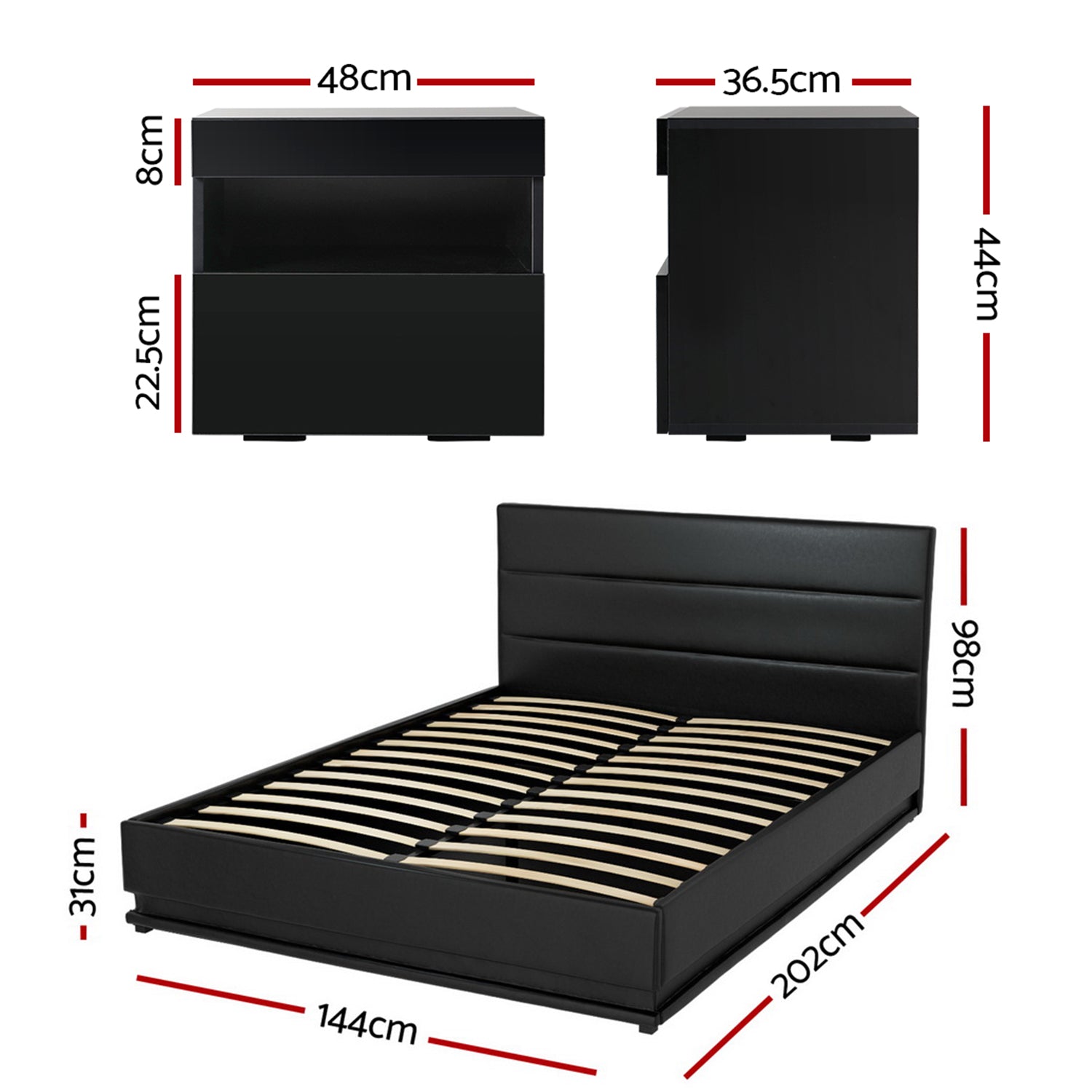 Lumina LED Bed Frame with Bedside Table – Black – Double