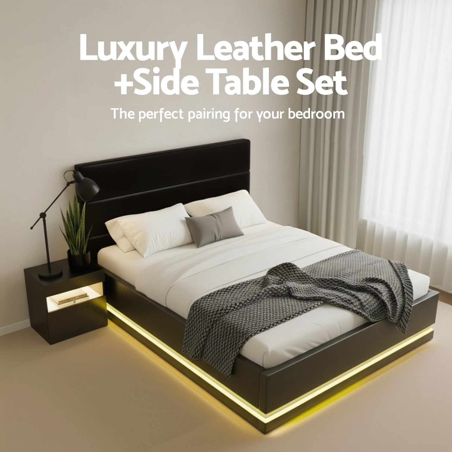 Lumina LED Bed Frame with Bedside Table – Black – Double