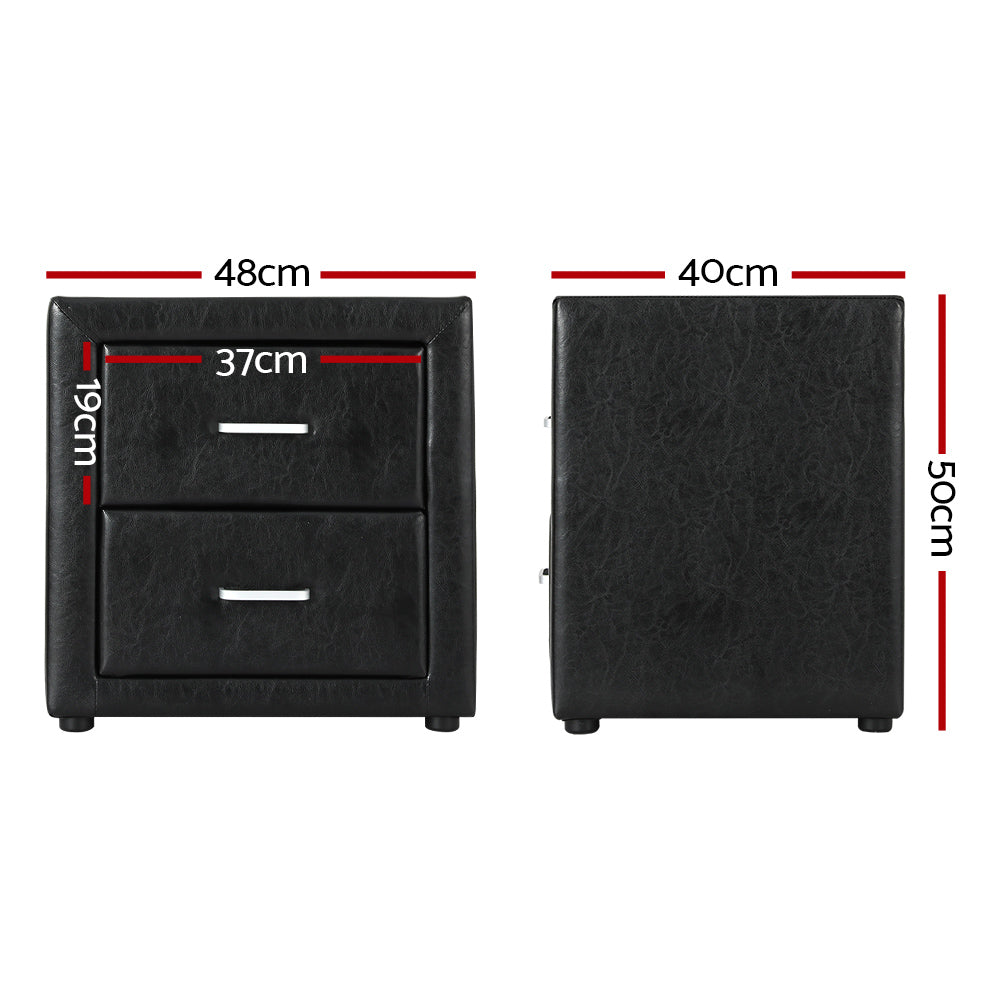 Caden Leather Bedside Table – Black – 2 Drawer