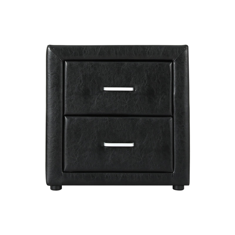 Leather Bedside Table - 2 Drawers - Black