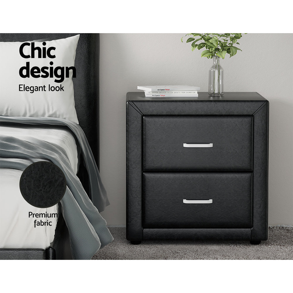 Caden Leather Bedside Table – Black – 2 Drawer