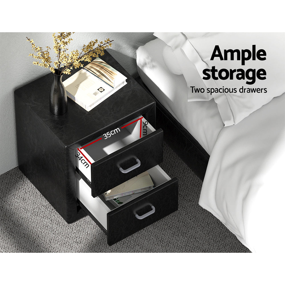 Caden Leather Bedside Table – Black – 2 Drawer