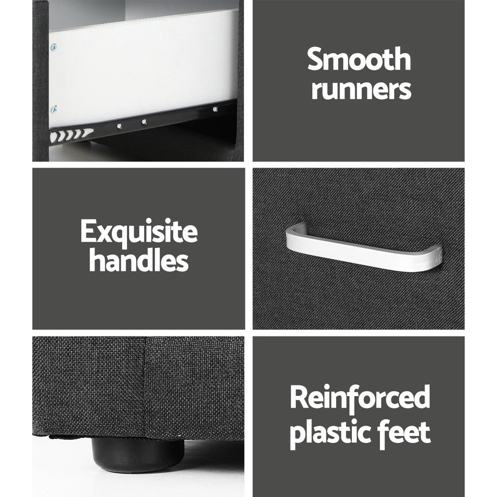 Caden Fabric Bedside Table – Charcoal – 2 Drawer