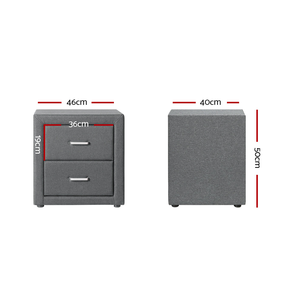 Caden Fabric Bedside Table – Grey – 2 Drawer