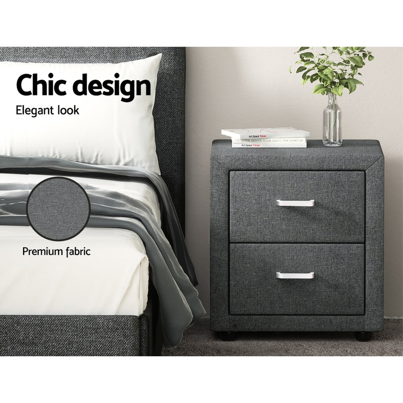 Fabric Bedside Table - 2 Drawers - Grey