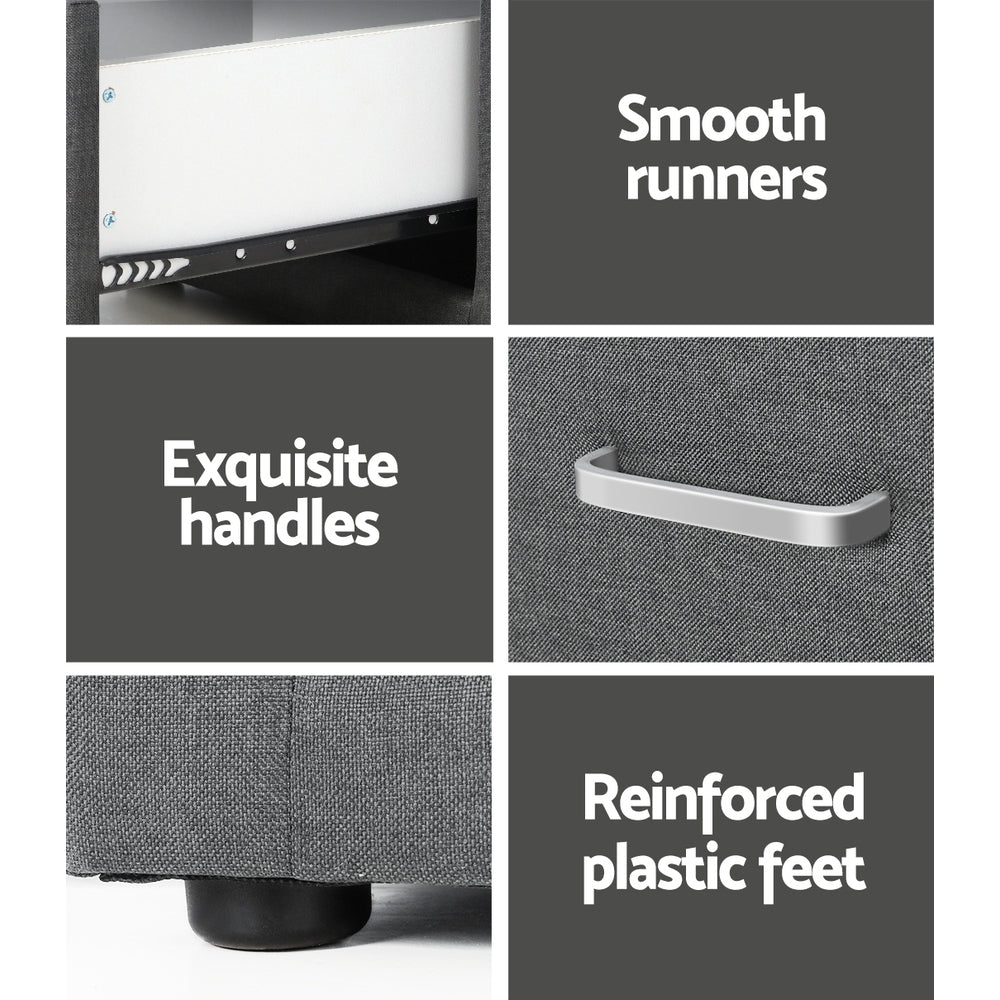 Caden Fabric Bedside Table – Grey – 2 Drawer