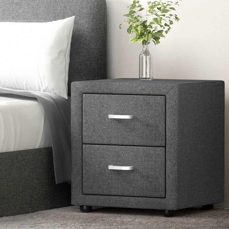 Fabric Bedside Table - 2 Drawers - Grey