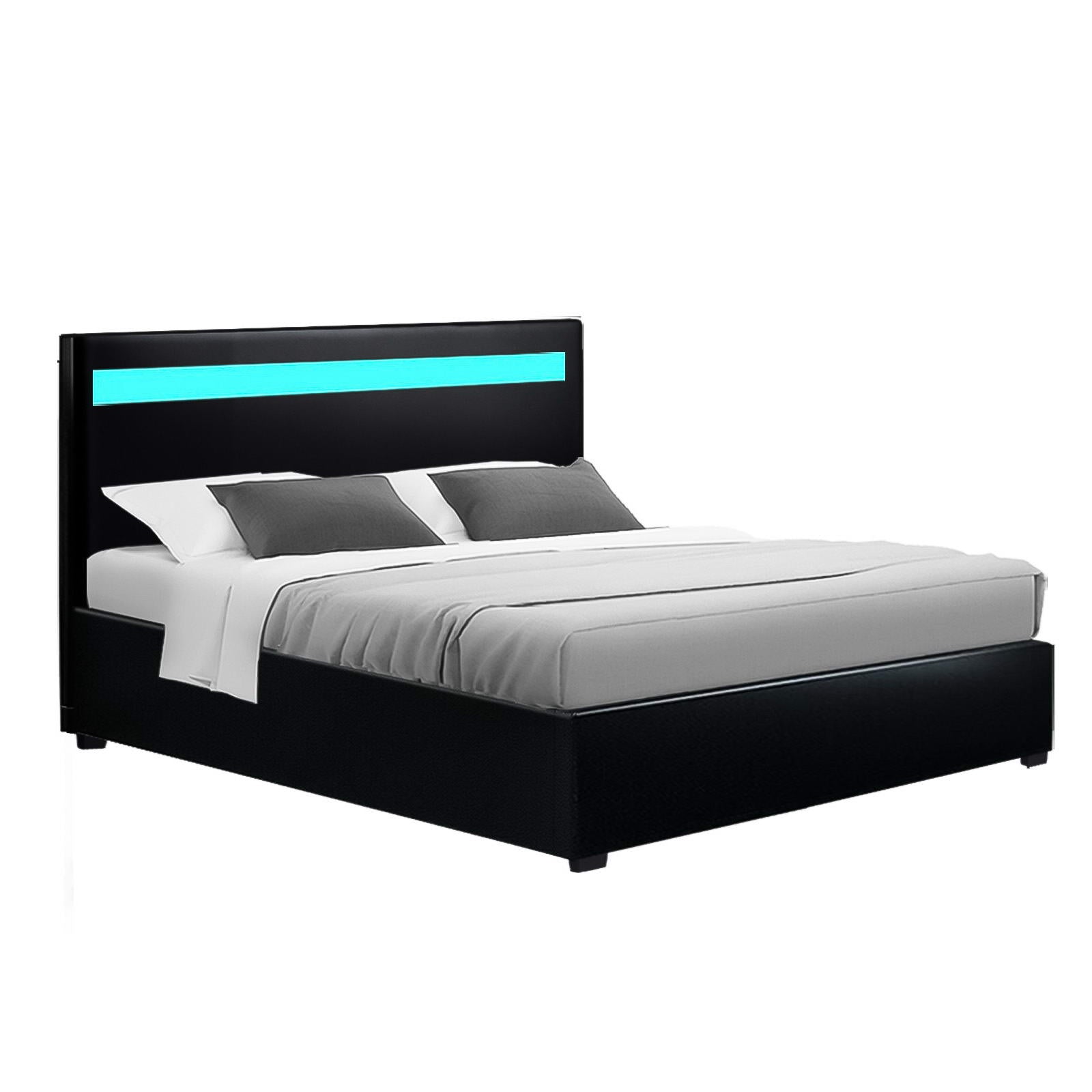 Lumera LED Gas Lift Leather Bed Frame – Black – Double