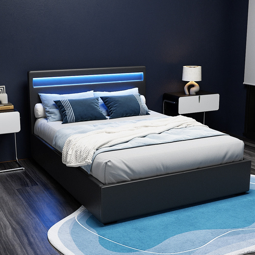 Lumera LED Gas Lift Leather Bed Frame – Black – Double