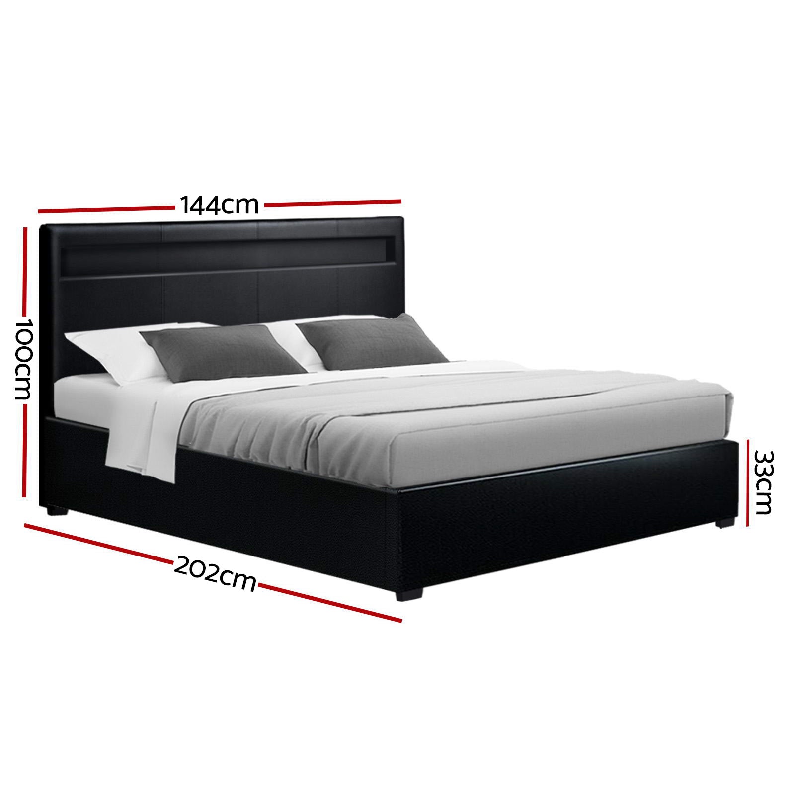 Lumera LED Gas Lift Leather Bed Frame – Black – Double