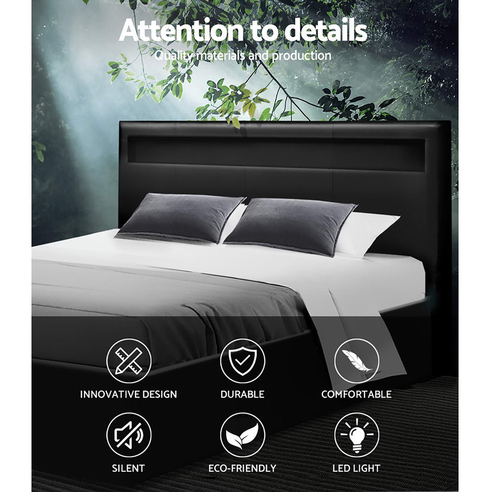 Lumera LED Gas Lift Leather Bed Frame – Black – Double