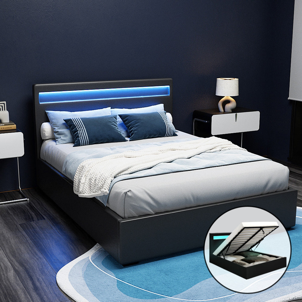 Lumera LED Gas Lift Leather Bed Frame – Black – Double