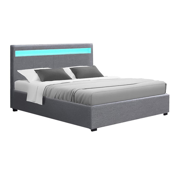 Artiss Bed Frame Double Size LED Gas Lift Grey COLE