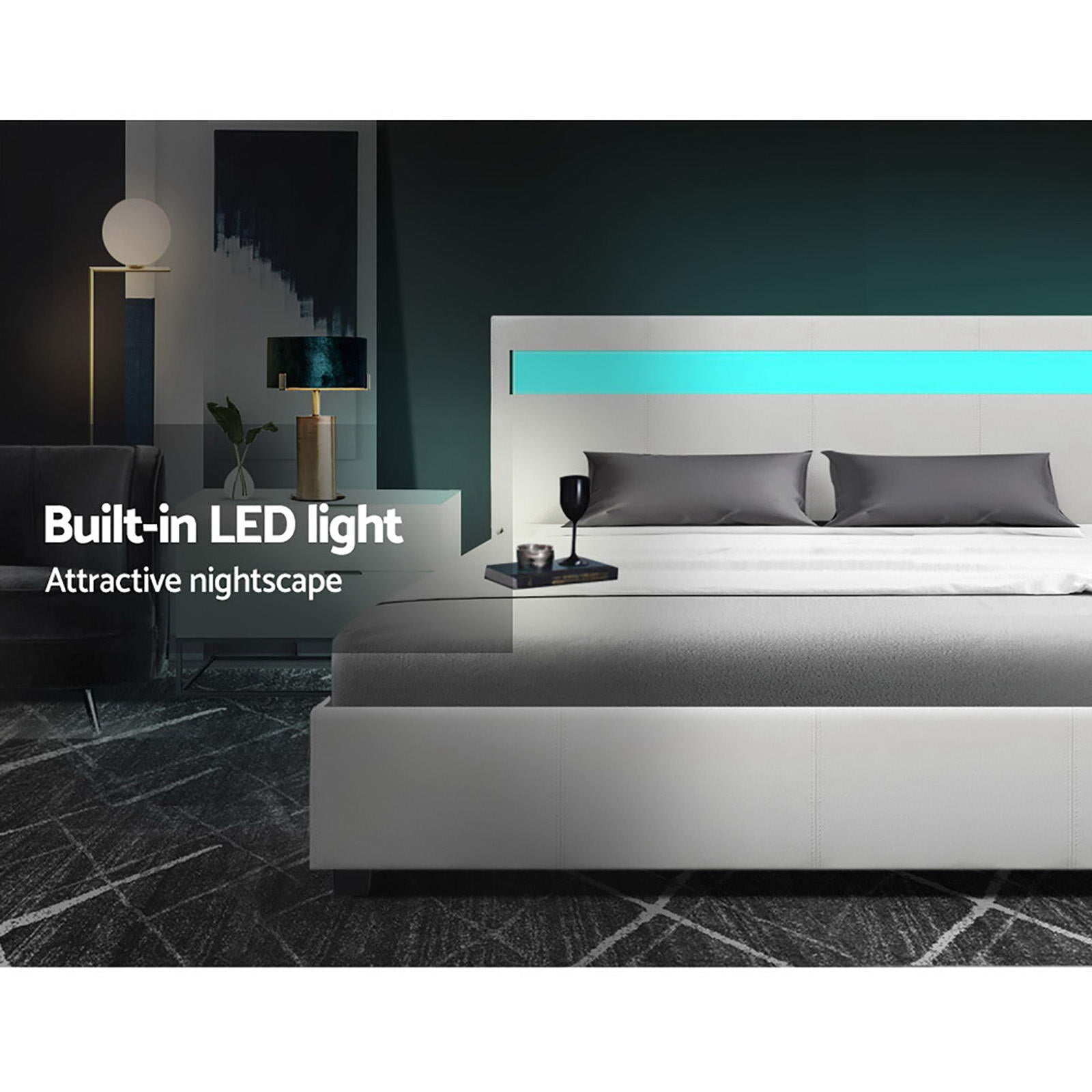 Lumera LED Gas Lift Leather Bed Frame – White – Double