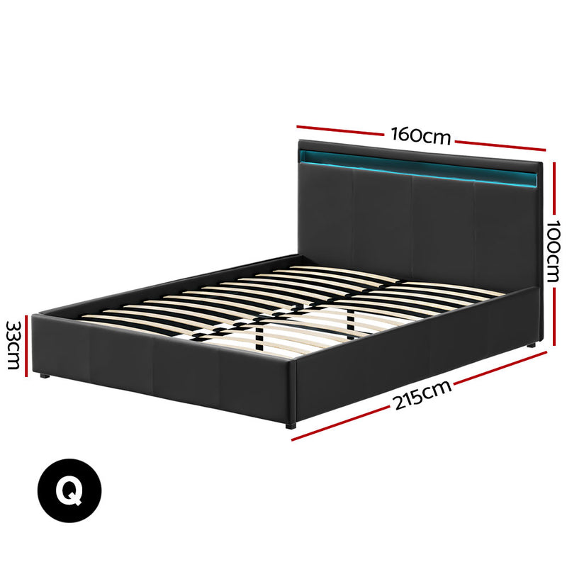 QUEEN Size - LED Gas Lift Bed Frame - Black