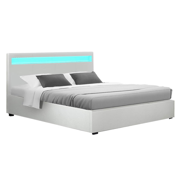 Artiss Bed Frame Queen Size LED Gas Lift White COLE