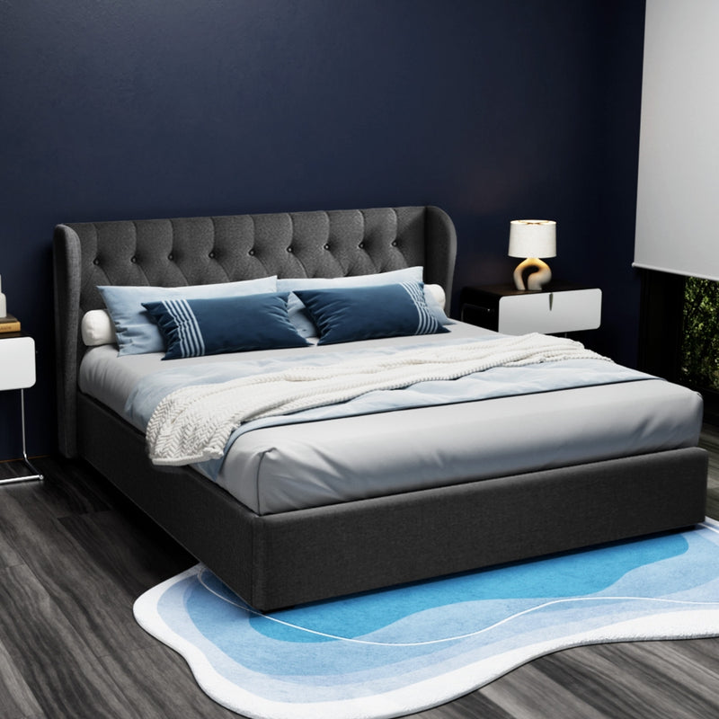 KING Size - Linen Gas Lift Bed Frame - Charcoal