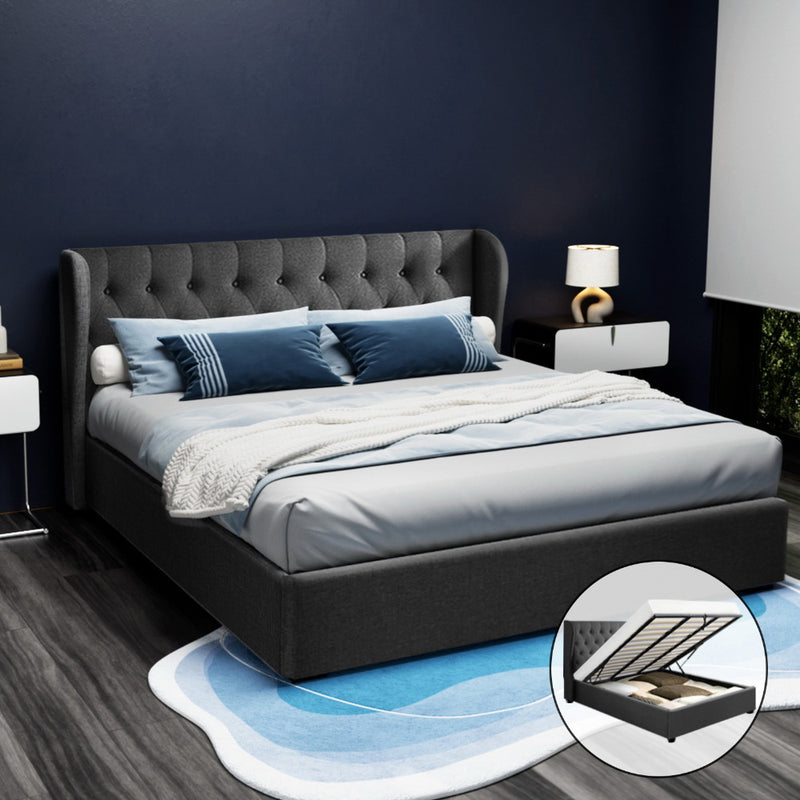 KING Size - Linen Gas Lift Bed Frame - Charcoal