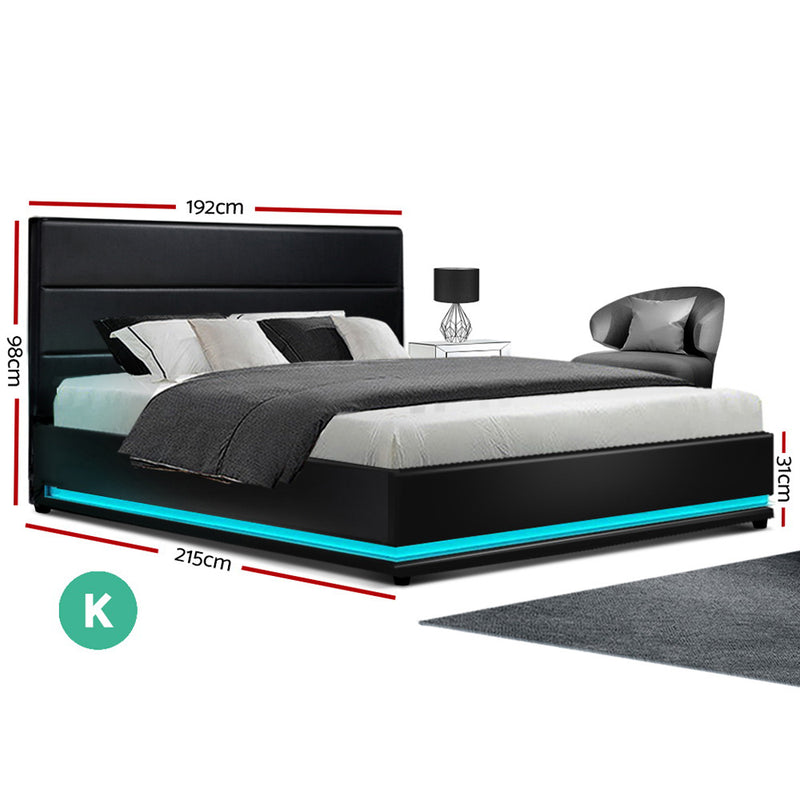 KING Size - Gas Lift LED Bed Frame - Black