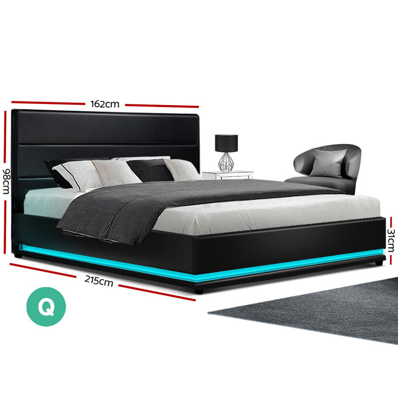 QUEEN Size - Gas Lift LED Bed Frame - Black